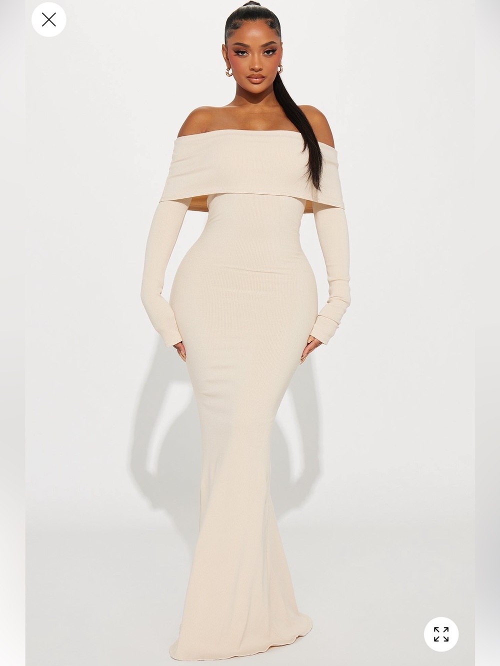 Fashion Nova Off-Shoulder Ribbed Maxi Dress in Ivory Cream